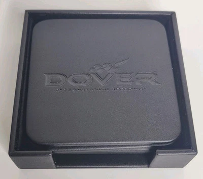 DOVER INTL SPEEDWAY Dacasso Black Leatherette 4 Square Coaster Set & Holder NIB