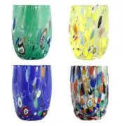 Set of Four 4 Murano Glass Art Tumblers Blue Multi Green Yellow Millefiori