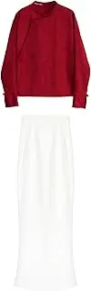 [AIMALL] Traditional New Chinese Style Red Blouse and White Skirt Set, Outfit for Women, Soft and Comfortable Material, Sizes S to L