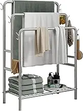 VERFARM Tall Freestanding Towel Racks with 6 Hooks, 3 Tier Towel Stand Blanket Rack with Storage Shelf, Indoor Outdoor Large Towel Holder Towel Racks for Bathroom Bedroom Organizer, Silver