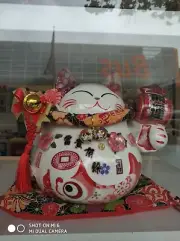 Maneki Neko Lucky Fortune Lute Cat Coin Bank Fengshui Ceramic Decor Gift 9"