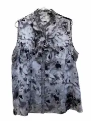 Tahari Woman Chiffon Raffled Neck Formal Blouse XL Black/gray Floral Sleeveless