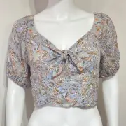 Altar'd State Crossback Crop Top Womens Large Blue Brown Paisley Puff Sleeve NWT