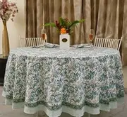 Ridhi Sage and Russian Green 100% Cotton Round 110 Tablecloth Hand Block Print Washable Reusable Table Cover Farmhouse Parties Buffet Dining Weddings Country French Easter.
