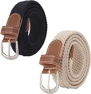 [Rwoythk] 2pcs Women's Belts, 2.5 cm Wide Ladies Stretch Slender Braided Canvas Elastic Fabric Belt for Jeans Pants Dresses, Beige/Navy Blue, 39.37 x 0.98 in / 100 x 2.5 cm