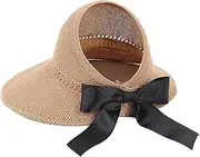 [Cauplse] Womens Wide Brim Straw Summer Sun Visor Hats Ponytail Cap Beach Sun Hats UV UPF 50 Packable Foldable Travel with Unique Open-top Design Sun Visor and Exquisite Bowknot Panama Hat