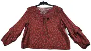 Sonoma Blouse Womens size XL Cherry Red Long Sleeve Floral Peasant Top Tie New
