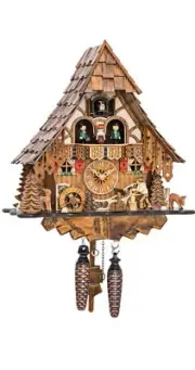 Quartz Cuckoo Clock Black Forest House with Moving Wood Choppe.. EN 4661 QMT NEW