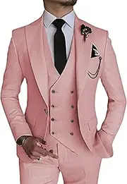 [JEShifangjiusu] 3 Pieces Tuxedo Blazer for Men 1 Button Elegant Slim Fit Single Breasted for Prom Wedding Party Stylish Suit Dress Set Vest Pants, Pink, S
