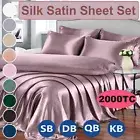Smooth Silk Satin Bed Fitted Flat Pillowcases Solid Sheet Set Queen King