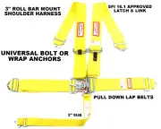 YELLOW UNIVERSAL RACING HARNESS 5 PT SFI 16.1 ROLL BAR MOUNT 3" LATCH & LINK BEL