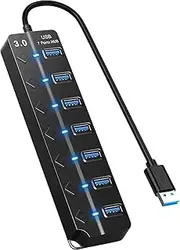 7 Port USB 3.0 Hub with Individual Power Switches and Lights, Portable USB Extension Hub for Data Transfer and Fast Charging, High Speed Multi Port Splitter for Mobile Hard Drive