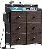 REAHOME - Dresser for Bedroom with Charging Station and LED Lights, TV Stand with 6 Drawers with Wood Top, Tall Fabric Dresser with Sturdy Frame for Closet, Living Room,