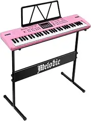 61 Key Electronic Keyboard Pink Standard Portable Piano Music Instrument with Adjustable Stand Microphone Power Adapter