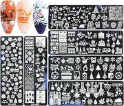 Christmas Nail Art Stamping Plate Kit,Snowflake Snowman Christmas Tree Elk Designs Nail Image Stamp Template Xmas DIY Stainless Steel Nail Image Polish Template Kit 6Pcs