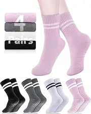 [MisenFar] Grip Socks Non Slip Yoga Socks for Women, 4 Pairs Pilates Socks Yoga Crew Socks with Grips for Barre Yoga Ballet Barefoot Workout Hospital