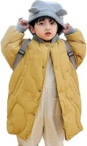 [WX-ICZY] Children's Warm Down Jacket, Lightweight Comfortable Quilted Lined Round Neck Windproof Snap Button Waterproof Winter Coat Thermal Insulation Mid-Length Puffer Down Jacket 3-8Y,Yellow,100cm