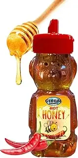 Global Brands Hot Honey, Spicy Honey, 6 oz - 100% US Grade A Pure Clover Honey Infused with Chili Peppers for Ribs, Wings, Pizza, Beverages and more - 6 oz