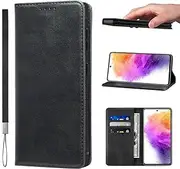 [LANJLM] Samsung Galaxy A73 5G Case with Wrist Strap PU Leather Wallet Case Card Holder Shockproof Flip Cover - Black