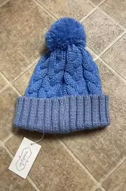 Womens/Girls Mud Pie Hoodie Beanie One Size Pom Pom Crochet Knit Light Blue NEW!