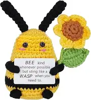 Weforu Emotional Support Bee with Sunflower, Handmade Emotional Support Bee Gift with Positive Card,Inspirational Pickle Crochet Doll Plush for Friends Party Christmas(Yellow)