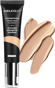 Anglicolor Foundation, Soft Matte Liquid Foundation, Full Coverage Control Concealer Foundation, Flawless Soft Waterproof Long Lasting Foundation Makeup for Oily Acne Skin (104#Buff Beige, 30ml)