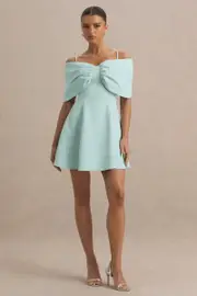 Faria | Light Blue Short-Sleeve Bardot Mini Dress With Bow Detail