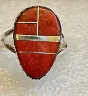 Natural Red Coral Split Band Ring size 10 in Sterling Silver