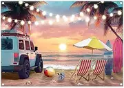 Swepuck 7x5ft Summer Sunset Beach Backdrop Tropical Seaside Coconut Palm Trees Car Surfboards Photography Background Holiday Outdoor Party Decoration Photo Banner Props