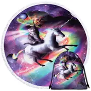 Crazy Funny Space Cat Riding Unicorn with Tacos and Rainbow Round Beach Towel