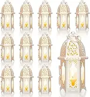 12 Pcs Moroccan Style Candle Lantern Vintage Decorative Lanterns Metal Decor with Transparent Glass White for Weddings Rustic Outdoor Holder Hanging Tealight Party, White,transparent