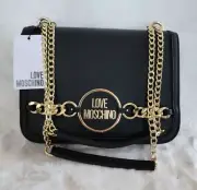 Love Moschino Black Leather Flap Closure Chain Dual Handle Shoulder Bag Purse