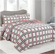 Quilt Set Full Queen Size 3 Pieces Red White Plaid Queen Quilt 90x98 Inch with 2 Pillow Shams, Lightweight Bedspreads Modern Coverlet Set for All Seasons