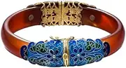 [Generic] Silver Inlaid Agate Chalcedony Burned Blue Flowers Opening Bracelet Red Blue