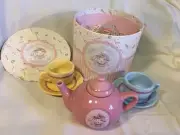 Vintage Bunnies by the Bay Nettie Confetti's Tea Set Pot 2 Tea Cups Saucers