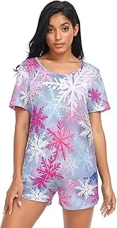 [RPLIFE] Merry Christmas Snowflakes Blue Pink Women Pajamas Shorts Set, Matching Loungewear, Merry Christmas Snowflakes Blue Pink, Large