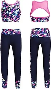 [Choomomo] Kids Girls Gymnastic Outfits Digital Print Cutout Back Tank Top with Leggings Set Running Activewear