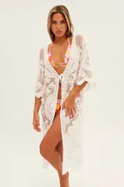 White Lace Kimono Half Sleeve Tie Front Longline - Size ONE, Women's Kimono