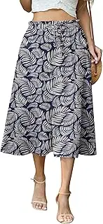 [FREEOAK] Womens Causal High Waisted Summer Midi Skirts Flowy Palazzo A-Line Long Skirt with Pockets, Floral - Palm Leaf, Small