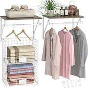 DAOUTIME 2 Set Laundry Room Shelves Wall Mounted with Wire Storage Baskets, Over Washer and Dryer Shelves with Hanging Rods and Hooks, Wire Shelves for Laundry Organization and Storage, White, Wooden