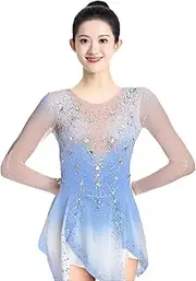 [Zagitova] Figure Skating Dress, Women's Hook Finger Long Sleeves Ice Skating Dresses Competition Costumes With Rhinestones
