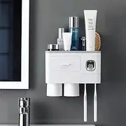 Hushnow Toothbrush Holder Wall Mounted,Toothbrush Storage Box with Dust Cover, Equipped with Toothpaste Dispenser,Cup and Drawer Storage Box(2 Cups, Gray Toothbrush Holder)