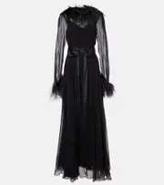 [Dolce & Gabbana] Dolce & Gabbana Feather-trimmed silk chiffon gown AU 12 black