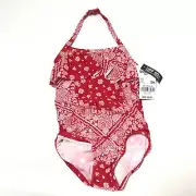 OshKosh Toddler Girl Swimsuit 12M One Piece Red Halter Open Back Bathing Beach