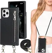 Cavor Flip Folio Cover for iPhone 11 Pro Max Case (6.5") Crossbody PU Leather Wallet Card Slots Holder Kickstand & Shoulder Lanyard Strap Handbag Zipper Purse-Black