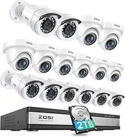 [ZOSI] H.265+ 1080p 16 Channel Security Camera System, 16 Channel DVR with 2TB Hard Drive and 16 x 2MP Weatherproof Surveillance CCTV Bullet Dome Camera Outdoor Indoor, 80ft Night Vision, Remote Access