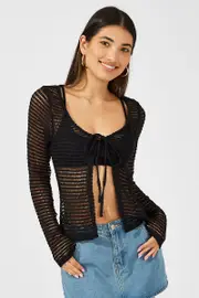 Ally Fashion Black Bolero Top Long Sleeve Front Tie - Size 12, Women's Bolero