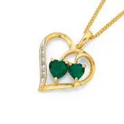 9ct Gold, Created Emerald & Diamond Heart Pendant in Green