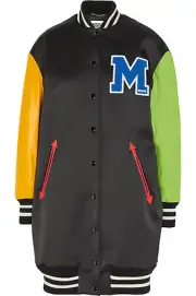 $3195 Moschino Couture X Jeremy Scott Wool satin & leather Bomber Varsity Jacket