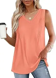 [WIHOLL] Vest Tops Women UK Ladies Summer Tops V Neck Pleated Sleeveless Blouses Summer Clothes, Coral, L